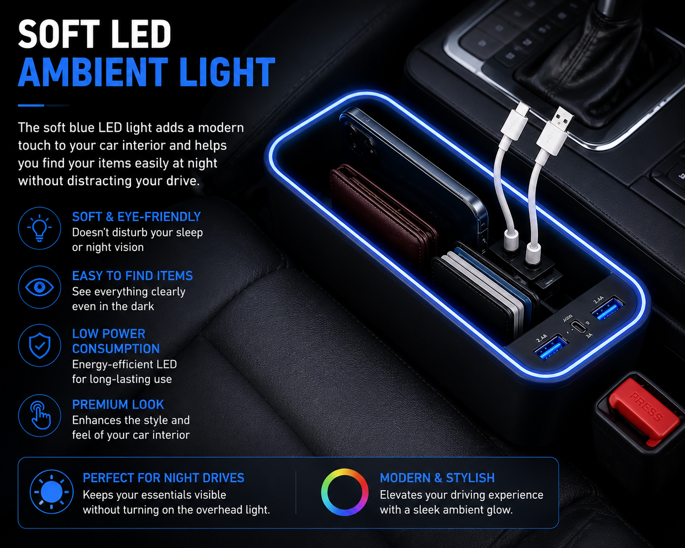 DriveEase™ LED Seat Gap Organizer & Charger