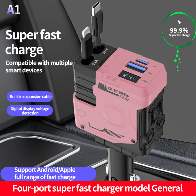 Fast Charging Car Charger – Dual USB + Type-C Cable, Multi-Port Power Adapter