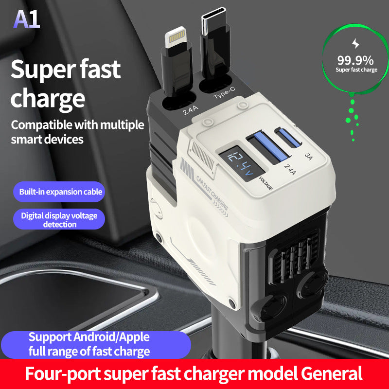 Fast Charging Car Charger – Dual USB + Type-C Cable, Multi-Port Power Adapter