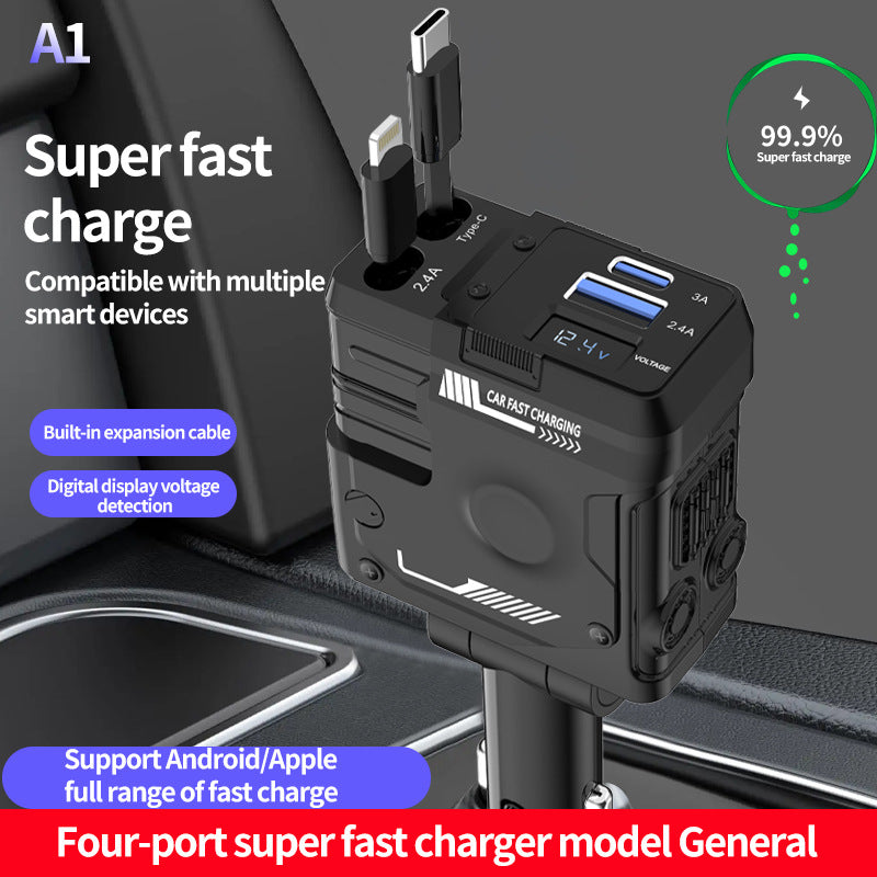 Fast Charging Car Charger – Dual USB + Type-C Cable, Multi-Port Power Adapter