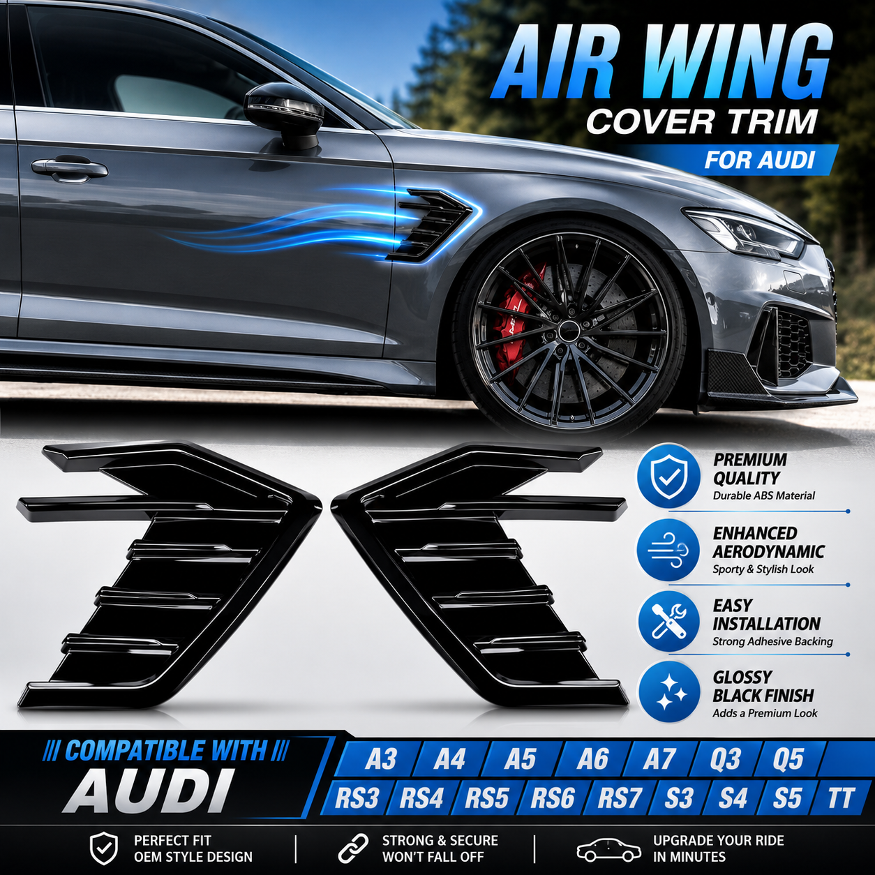 Universal Car Side Fender Vent Trim Sticker – Decorative Air Flow Side Vent Cover for Audi A3 A4 A5 A6 A7 S3 S4 (Gloss Black/Carbon Fiber Look)