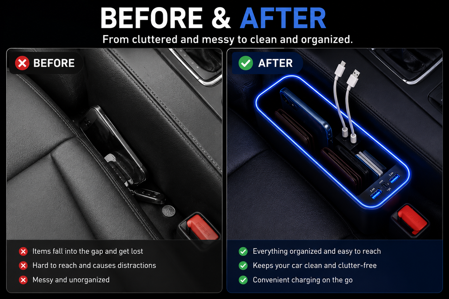 DriveEase™ LED Seat Gap Organizer & Charger