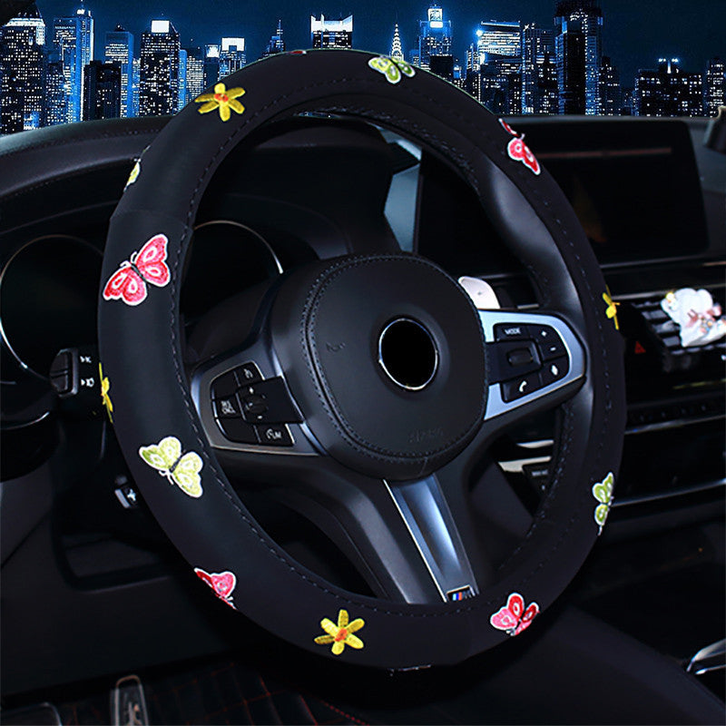 Embroidered Floral Steering Wheel Cover – Soft Grip, Universal 38cm Fit
