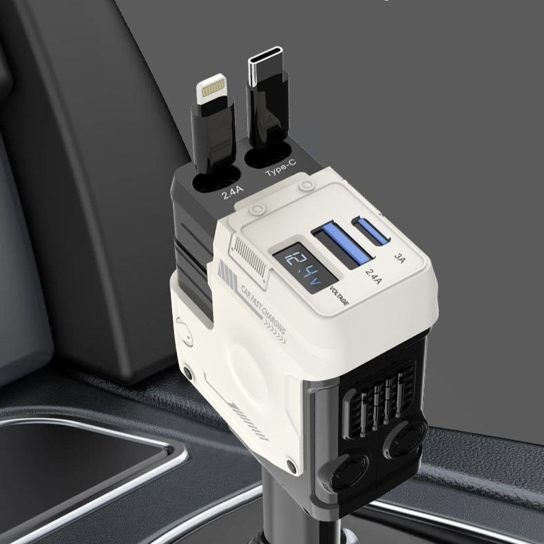Fast Charging Car Charger – Dual USB + Type-C Cable, Multi-Port Power Adapter